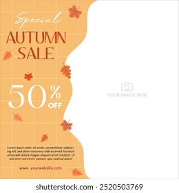 Autumn sale discount in yellow theme with leaves and image placement on the right. Vector illustration template for social media promotion.