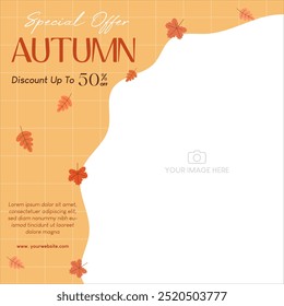 Autumn sale discount in yellow theme with autumn leaves and image placement on the corner. Vector illustration template for social media promotion.