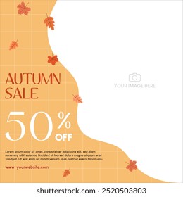 Autumn sale discount in yellow theme with autumn leaves and image placement on the right. Vector illustration template for social media promotion.