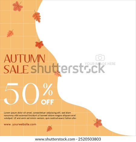 Autumn sale discount in yellow theme with autumn leaves and image placement on the right. Vector illustration template for social media promotion.