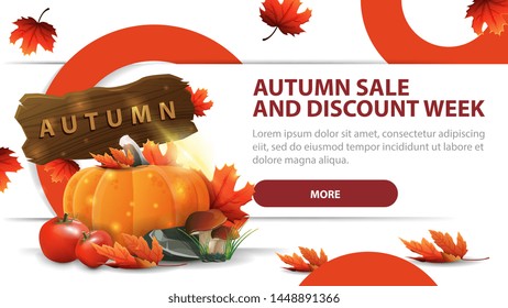 Autumn sale and discounts week, modern discount banner with fashionable design for your website with harvest of vegetables and a wooden sign