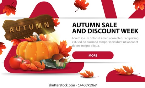 Autumn sale and discounts week, modern discount banner with fashionable design for your website with harvest of vegetables and a wooden sign