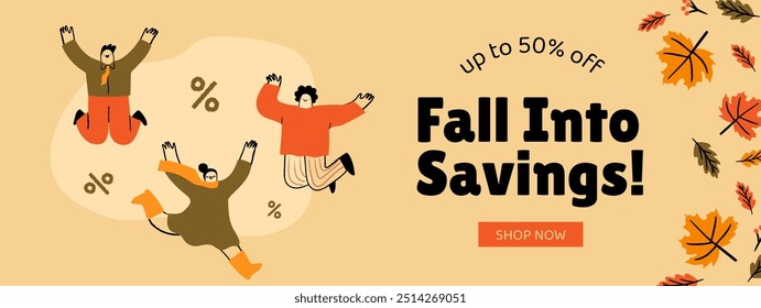 Autumn sale doodle web banner template. Special offer with happy abstract people vector illustration. Header concept. 