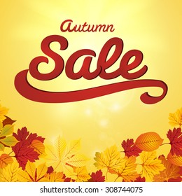 Autumn Sale Ã¢?? The elegant calligraphic inscription.Autumn sunlight shines through the bright red, yellow and orange leaves of trees. Vector illustration of a high quality.