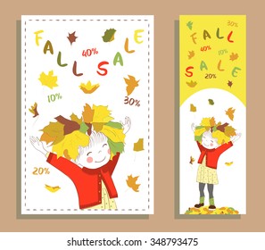 Autumn sale. Fall sale design. Two banners collection. One of a set - seasonal banners. Can be used for flyers, banners or posters. Vector illustration with cute girl.