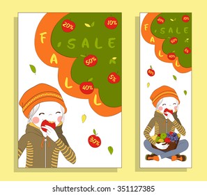 Autumn sale. Fall sale design. Two banners collection. One of a set - seasonal banners. Can be used for flyers, banners or posters. Vector illustration with cute girl.