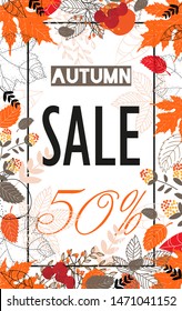 Autumn Sale. Fall Season Sale And Discounts Banner. Colorful Autumn Leaves Headline And Sale Invitation On White Background. Vector Illustration