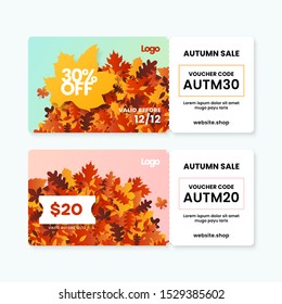 Autumn sale fall season gift voucher card template design collection with coupon code on dry leaves background vector illustration