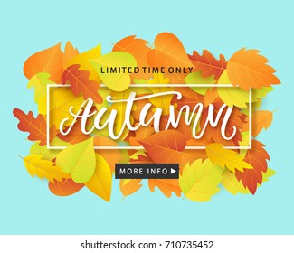 Autumn Sale Fashionable Banner Template with Colorful Fall Leaves on bright trendy blue background. Shopping Discount promotion. Poster, card, flyer, label trendy design. Vector illustration
