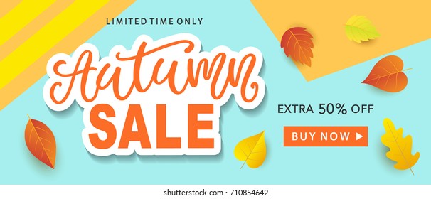 Autumn Sale Fashionable Banner Template with Colorful Fall Leaves on bright trendy blue background. Shopping Discount promotion. Poster, card, flyer, label trendy design. Vector illustration