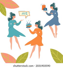 Autumn sale with flat characters with falling leaves background. Girls with bags, gifts, billboards announcing a discount. Vector illustration for the design of banners, flyers and invitation cards.
