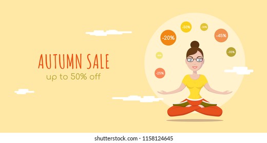 Autumn sale flat style concept banner. Cute female in yoga pose character joggling with discount signs.