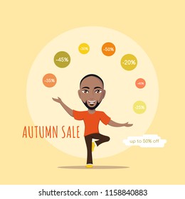 Autumn sale flat style concept banner. Cute male character joggling with discount signs.