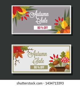 autumn sale flat style leaves banner mushroom log and branch