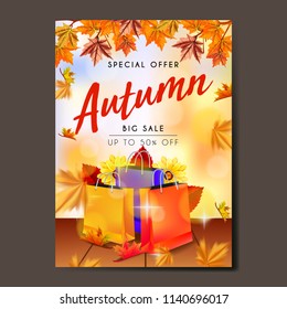 Autumn sale flyer background with maple leaves and shopping bag vector