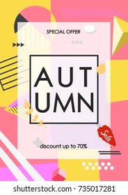 Autumn sale flyer design template in Memphis style 80s. Abstract colorful bright geometric background. Card, placard, banner, poster, brochure. Vector iilustration.