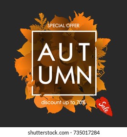 Autumn sale flyer design template with leafs. Abstract red autumn background. Card, placard, banner, poster, brochure. Vector iilustration.