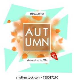 Autumn sale flyer design template with leafs. Abstract blurred autumn background. Card, placard, banner, poster, brochure. Vector iilustration.