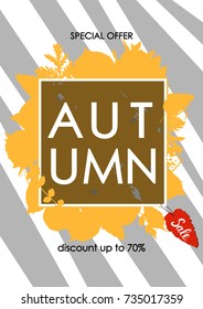 Autumn sale flyer design template with leafs and stripes. Abstract geometric background. Card, placard, banner, poster, brochure. Vector iilustration.