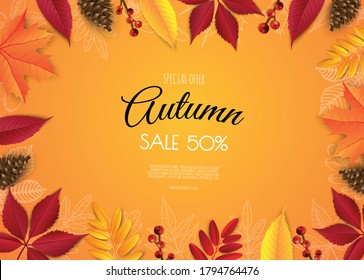 Autumn sale flyer template. Bright fall leaves. Poster, card, label, banner design.