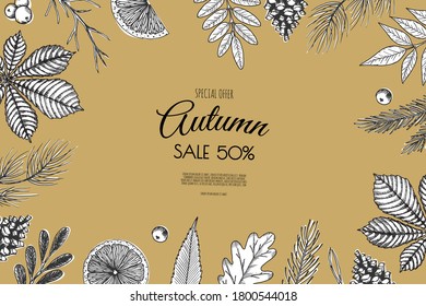 Autumn sale flyer template. Bright fall leaves. Poster, card, label, banner design.