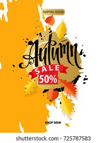 Autumn sale flyer template. Fall promotion. Hand lettering "Autumn".  Vector illustration.