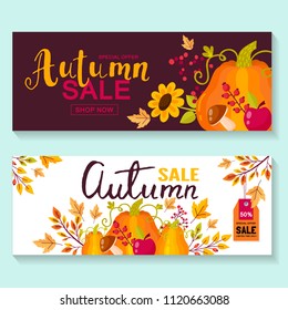 Autumn sale flyer template with lettering. Bright fall leaves. Poster, card, label, banner design. Bright striped background. Vector illustration EPS10