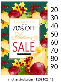 Autumn sale flyer template with lettering and fall leaves. Fall promotion. Poster, card, banner, label, and other design.