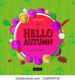 Autumn sale flyer template with lettering. Bright fall leaves. Poster, card, label, banner design. Bright geometrical background. Vector illustration EPS10