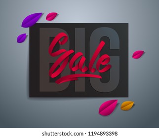 Autumn sale flyer template with lettering, poster, card, banner, advertising design, fall leaves vector modern style cartoon paper cut 3d illustration.