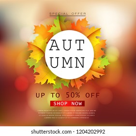 Autumn sale flyer template with lettering. Bright fall leaves. Poster, card, label, banner design.