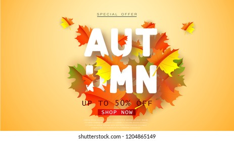 Autumn sale flyer template with lettering. Bright fall leaves. Poster, card, label, banner design.