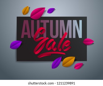 Autumn sale flyer template with lettering, poster, card, banner, advertising design, fall leaves vector modern style cartoon paper cut 3d illustration.