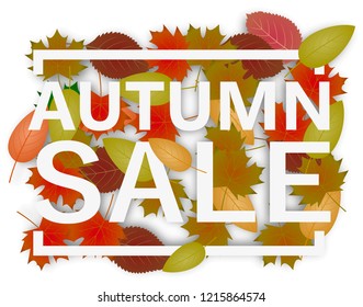 Autumn sale flyer template with lettering. Bright fall leaves. Poster, card, label, banner design. Bright geometrical background. Vector illustration EPS10