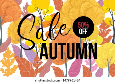 Autumn sale flyer template with lettering Vector illustration in flat linear style - autumn background - landscape forest