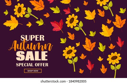 Autumn sale flyer template with lettering. Bright fall leaves. Poster, card, label, banner design. Bright striped background. Vector illustration EPS10