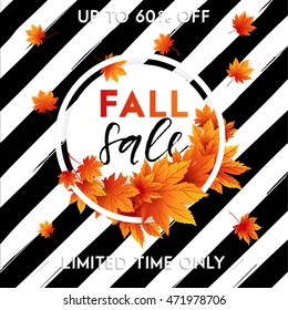 Autumn sale flyer template with lettering. Bright fall leaves. Poster, card, label, banner design. Vector illustration EPS10