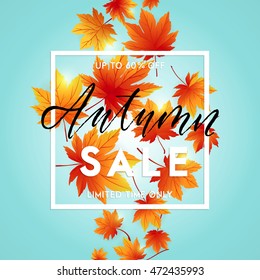 Autumn sale flyer template with lettering. Bright fall leaves. Poster, card, label, banner design. Vector illustration EPS10