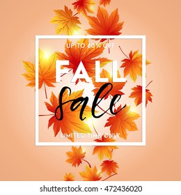 Autumn sale flyer template with lettering. Bright fall leaves. Poster, card, label, banner design. Vector illustration EPS10