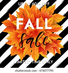 Autumn Sale Flyer Template With Lettering. Bright Fall Leaves. Poster, Card, Label, Banner Design. Vector Illustration EPS10