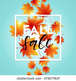 Autumn Sale Flyer Template With Lettering. Bright Fall Leaves. Poster, Card, Label, Banner Design. Vector Illustration EPS10