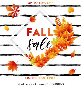 Autumn sale flyer template with lettering. Bright fall leaves. Poster, card, label, banner design. Vector illustration EPS10