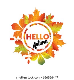 Autumn sale flyer template with lettering. Bright fall leaves. Vector illustration for a postcard or a poster.