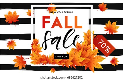 Autumn sale flyer template with lettering. Bright fall leaves. Poster, card, label, banner design. Bright striped background. Vector illustration EPS10