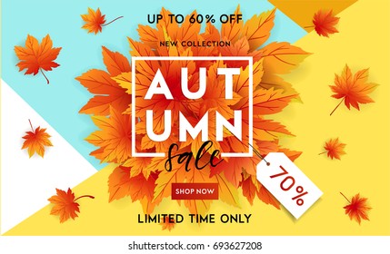 Autumn sale flyer template with lettering. Bright fall leaves. Poster, card, label, banner design. Bright geometrical background. Vector illustration EPS10