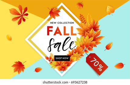 Autumn sale flyer template with lettering. Bright fall leaves. Poster, card, label, banner design. Bright geometrical background. Vector illustration EPS10