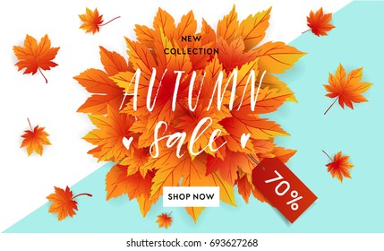 Autumn sale flyer template with lettering. Bright fall leaves. Poster, card, label, banner design. Bright geometrical background. Vector illustration EPS10