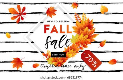 Autumn sale flyer template with lettering. Bright fall leaves. Poster, card, label, banner design. Bright geometrical background. Vector illustration EPS10