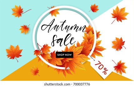 Autumn sale flyer template with lettering. Bright fall leaves. Poster, card, label, banner design. Bright geometrical background. Vector illustration EPS10