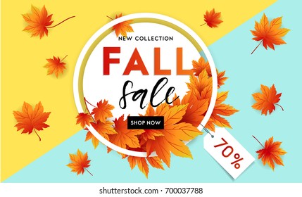 Autumn sale flyer template with lettering. Bright fall leaves. Poster, card, label, banner design. Bright geometrical background. Vector illustration EPS10